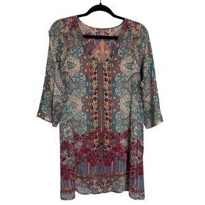 Johnny Was Small Boho Tappa Tunic Top Floral Print Cupra Rayon Western V-Neck